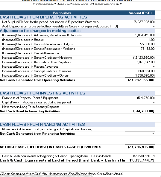 Cash flow statement prepared for the healthcare client