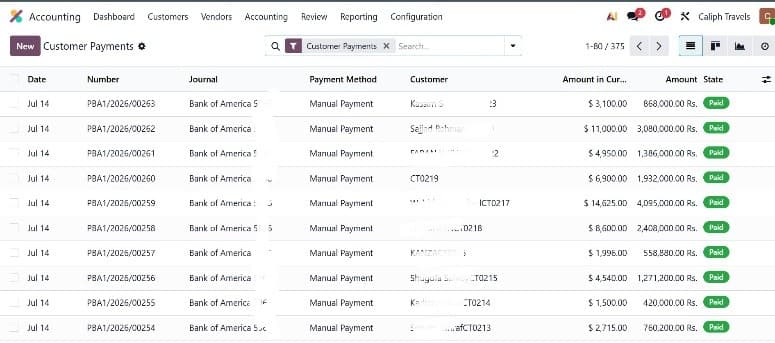 Customer payments recorded in Odoo ERP