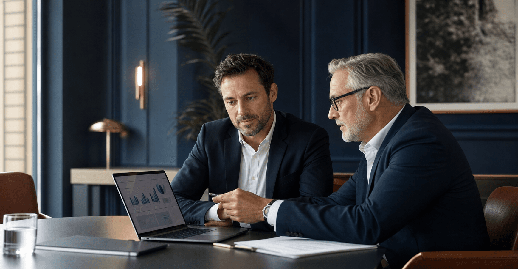 Two finance professionals reviewing a financial dashboard