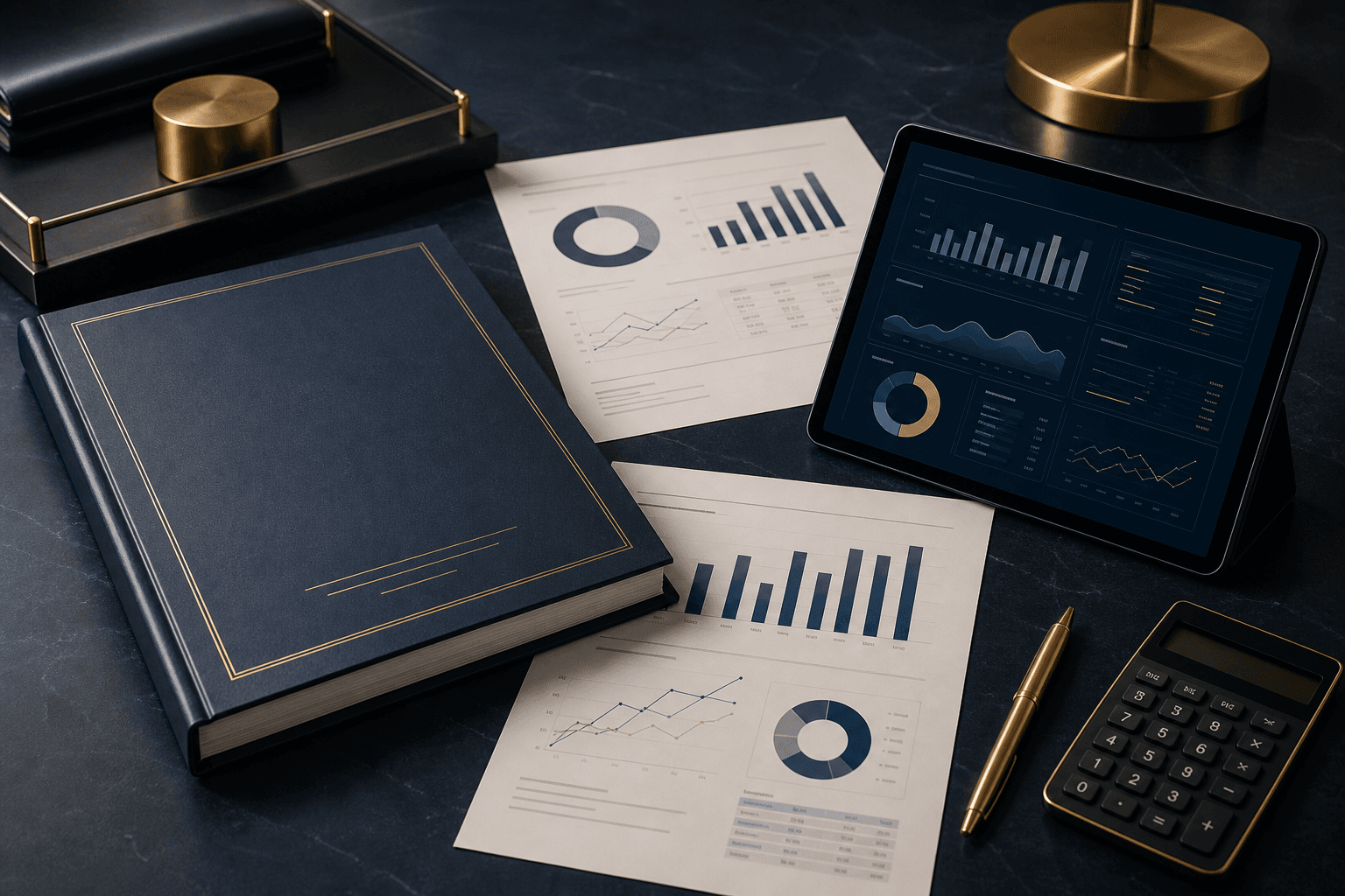 A complete financial reporting suite arranged for executive review